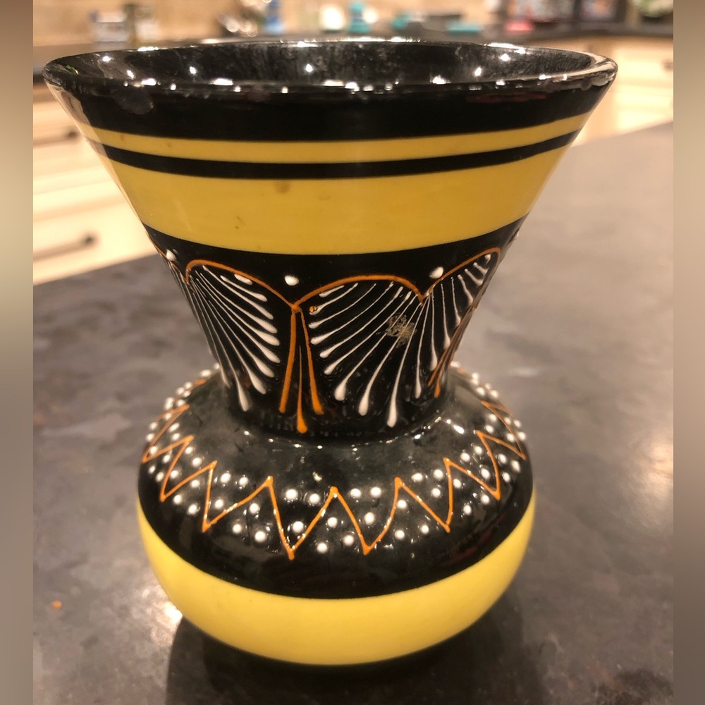 French Quimper Yellow and Black Faience Vase from France Antique
